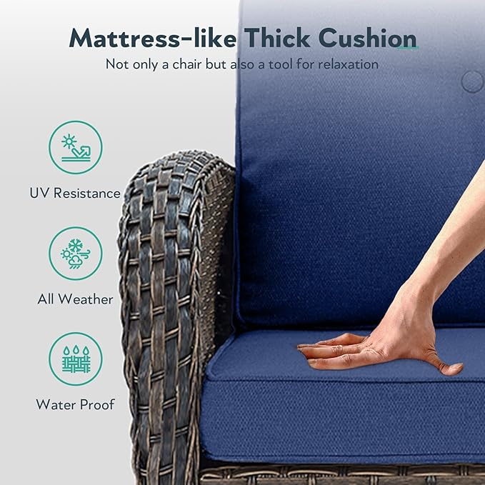 Outdoor Swivel Glider Rocker Chairs Set- 6 Piece Patio Furniture Set with A Glider Loveseat, Tempered Glass Side Table and 2 Ottoman, for Balcony, Porch - Brown Wicker, Blue Cushion