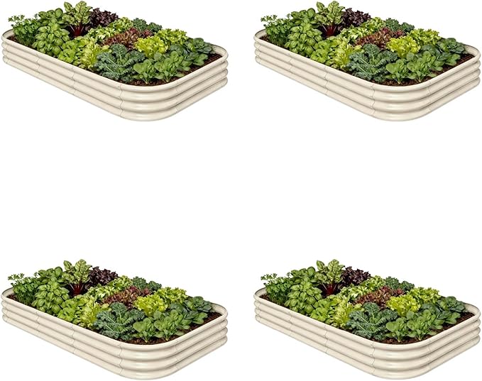 4-Pack Galvanized Raised Garden Bed 8x4x1 | 10x2x1 ft, 12" Tall Metal Planter Box for Outdoor Plants, Modular Raised Flower Bed Rust Resistant Coating, Long Planter for Vegetable - Sand Beige