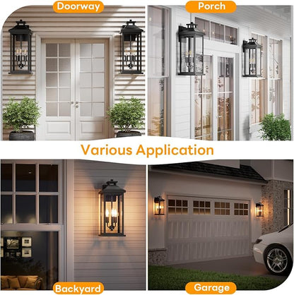 20" Large Outdoor Light Fixtures 3-Light 2 Pack, Black Outside Modern Porch Lights for House, Exterior Wall Sconce Lanterns Wall Mounted Waterproof Outdoor Coach Lamps for Garage E12
