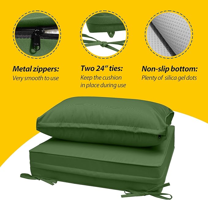 AAAAAcessories Outdoor Seat Cushions for Chairs, Fade-Resistant, Waterproof Patio Furniture Replacement Cushions, 23.5" x 25.5" x 5" + 23.5" x 13.5", Dark Moss Green