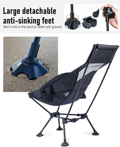 iClimb Ultralight Compact Camping Folding Beach Chair with Anti-Sinking Large Feet (Black - Triangular Frame High Back)