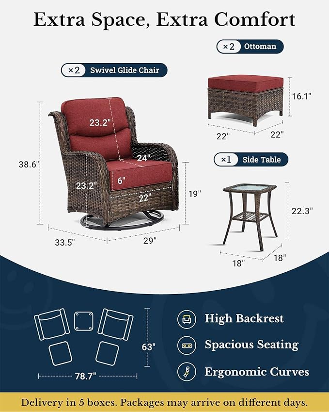 HILLGA Luxury Patio Furniture Set with 6-Inch Thick Cushions, High Back Outdoor Swivel Rocker Chairs and Ottoman, 5-Piece All Weather Conversation Set for Porch Deck Balcony Yard, Burgundy (V3)