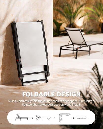 Aluminum Chaise Foldable Patio Lounge Chair Outdoor, Metal Deck Lounger Adjustable 5-Position Recliner Pool Chase Breathable Full Flat Outside Sun Tanning Chairs for Beach/Poolside/Lawn(White, 2Pack)
