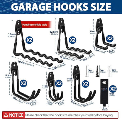3-H Heavy Duty Garage Hooks with Extra Welding Spots, Utility Hooks for Hanging, Garage Organizer for Garden, Lawn, Yard Tools, Chairs, Ladders, WeedEater, Shovel(Black)