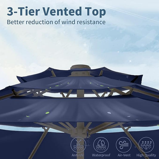 9FT 3 Tiers Patio Umbrella With Auto Tilt And Crank, Outdoor Table Market Umbrella with 8 Sturdy Ribs for Garden, Lawn, Deck, Backyard and Pool