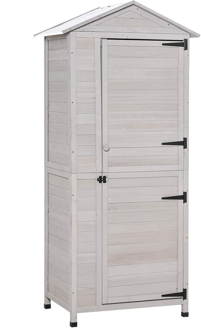 Outsunny 36" x 25" x 79" Wooden Storage Shed Cabinet, Outdoor Tool Shed Organizer with 4-Tier, 3 Shelves with Handle Tin Roof Magnetic Latch Foot Pad, Light Grey