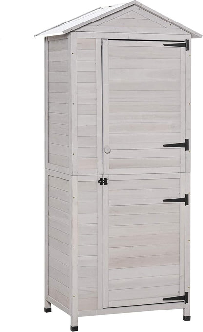 Outsunny 36" x 25" x 79" Wooden Storage Shed Cabinet, Outdoor Tool Shed Organizer with 4-Tier, 3 Shelves with Handle Tin Roof Magnetic Latch Foot Pad, Light Grey