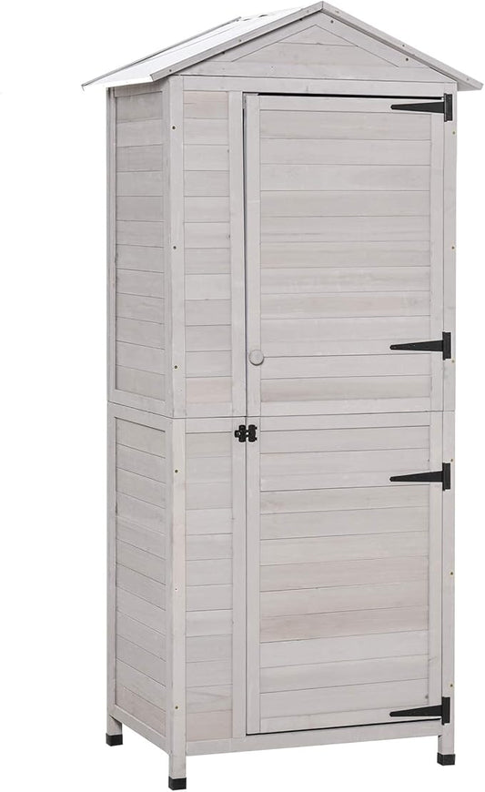 Outsunny 36" x 25" x 79" Wooden Storage Shed Cabinet, Outdoor Tool Shed Organizer with 4-Tier, 3 Shelves with Handle Tin Roof Magnetic Latch Foot Pad, Light Grey