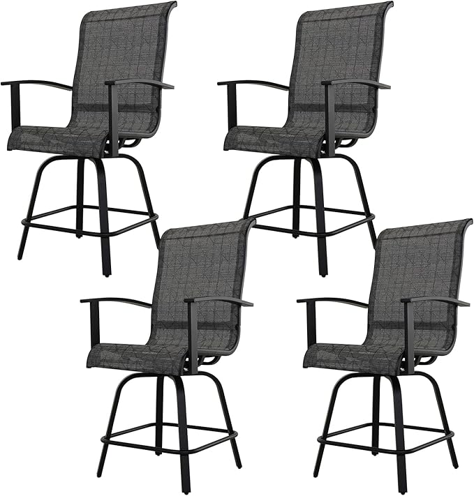 Grand patio Outdoor Swivel Bar Stools with Armrests Backs, 24" Height Patio Chairs for Porch Deck, Set of 4, Outdoor Sling Fabric (Black&Grey Plaid, 4PC)