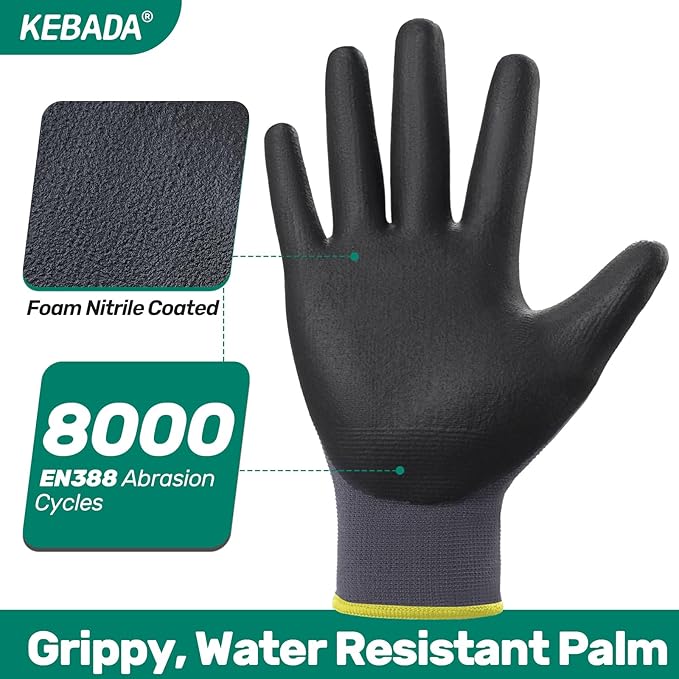 Kebada W5 Work Gloves Bulk Pack (60 Paris), Foam Nitrile Coated Working Gloves with Grip, Ultra Stretchable Spandex Knit Gloves for Gardening and Light Duty Mechanic Work, X-Large (Made in Vietnam)