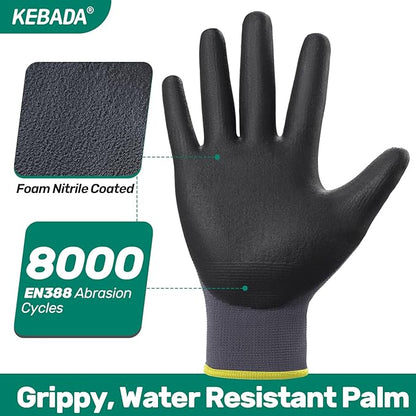Kebada W5 Work Gloves Bulk Pack (60 Paris), Foam Nitrile Coated Working Gloves with Grip, Ultra Stretchable Spandex Knit Gloves for Gardening and Light Duty Mechanic Work, X-Large (Made in Vietnam)