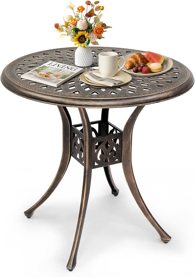 Outvita Patio Side Table, 30.7in Outdoor Round Cast Aluminum Bistro Table with Umbrella Hole and Antique Design for Backyard Porch Pool Balcony Deck Bronze