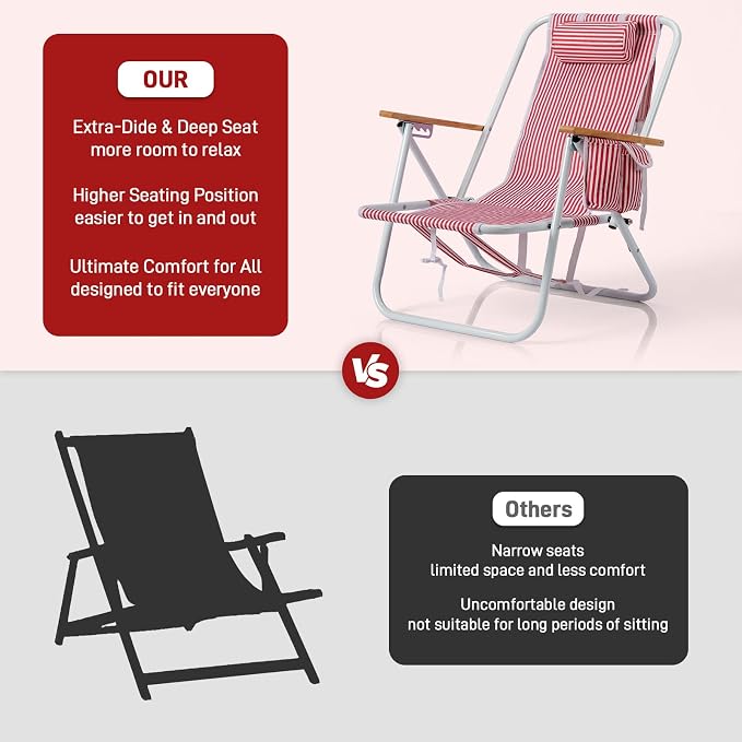 Outvita 2 Pack Folding Beach Chair, 4 Position Adjustable Reclining Lounge Chair with Padded Headrest, Large Rear & Side Storage Pockets, Lightweight Portable Outdoor Chair for Beach Pool Garden BBQ