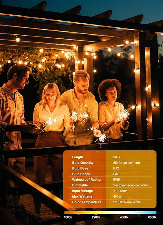Brightown Outdoor String Lights, 55FT 25 G40 Bulbs Shatterproof IP65 Patio Lights,Dimmable Hanging Connectable Waterproof Globe LED Outdoor Lights for Backyard, Bistro,Deck