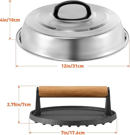 BBQ Accessories 12 Inch Round Stainless Steel Basting Cover - Cheese Melting Dome Round Cast Iron Grill Press Kit for Hamburger Bacon Steak, Best fits for Blackstone Camp Chef Flat Top Griddle Grill