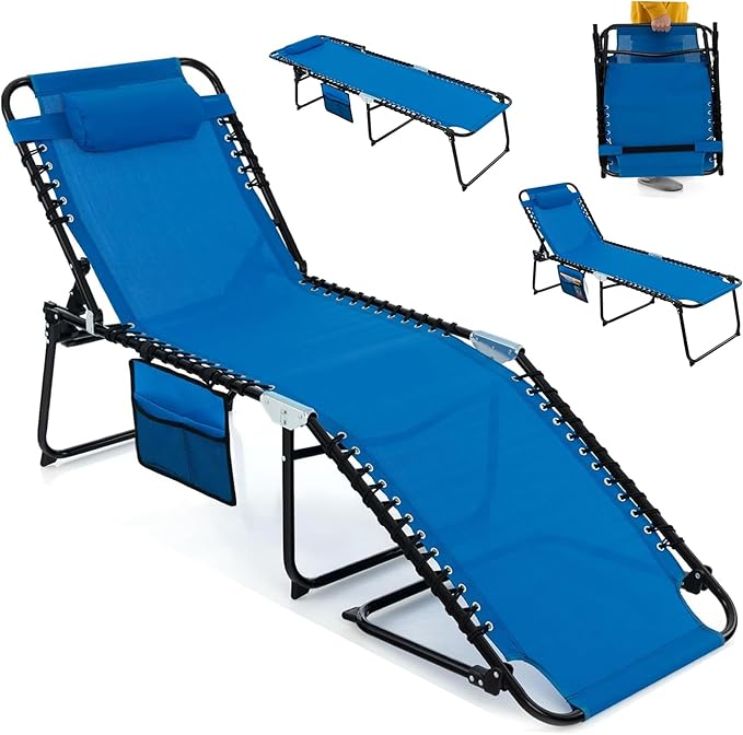 Giantex Patio Lounge Chairs for Outside - Folding Tanning Chair w/Headrest, 4 Adjustable Positions, Side Pocket, Outdoor Chaise Lounge for Camping, Pool, Sunbathing Beach Chair, Navy