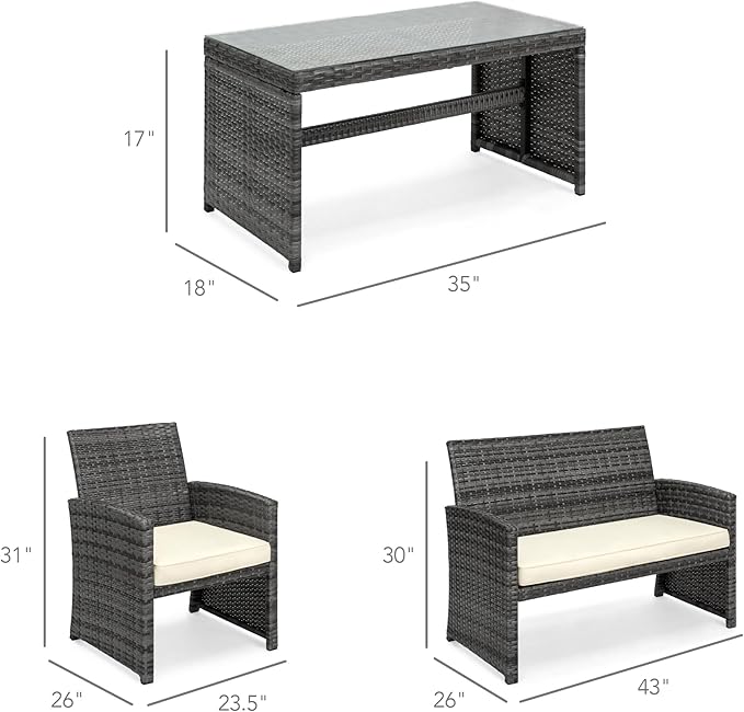 Best Choice Products 4-Piece Outdoor Wicker Patio Conversation Furniture Set for Backyard w/Coffee Table, Seat Cushions - Gray/Cream