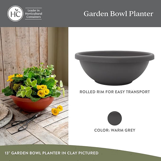 The HC Companies Shallow Planter with Drainage - Contemporary Garden Bowl Planter for Flowers, Herbs & More - Round Succulent Planter Pot for Indoors and Outdoors (13" Warm Gray, Pack of 1)