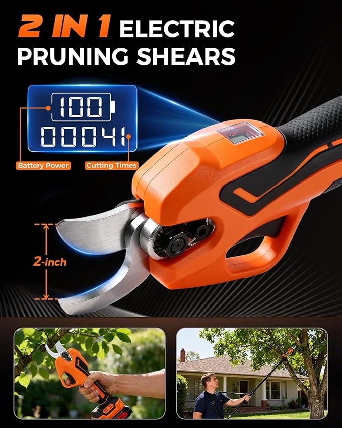 COMOWARE Electric Pruning Shears, 2-in-1 Cordless Pruner with 7ft Extension Pole, 2 × 21V 2.0Ah Battery Powered Pole Pruner, Garden Tool for Tree Trimming Branch Cutter, LCD Display
