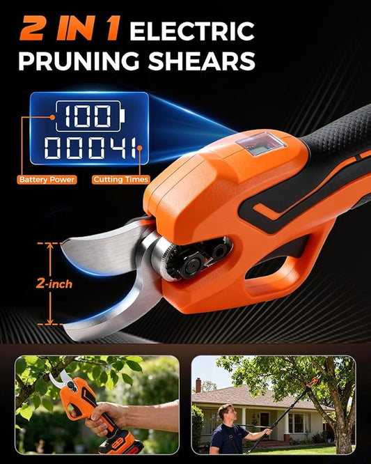 COMOWARE Electric Pruning Shears, 2-in-1 Cordless Pruner with 7ft Extension Pole, 2 × 21V 2.0Ah Battery Powered Pole Pruner, Garden Tool for Tree Trimming Branch Cutter, LCD Display