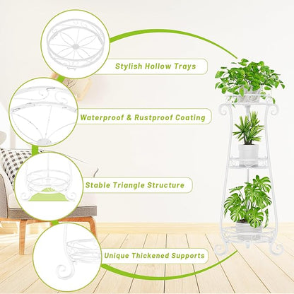 KMOTASUO 3 Tier Metal Plant Stand for Multiple Large Planters Indoor Outdoor Organizer, Heavy Duty Tall Flower Rack for Corner Patio Bathroom Office Corner, Modern Sturdy Vertical Iron Rack, White