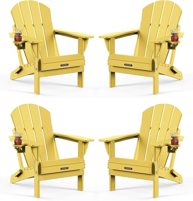MUCHENGHY Folding Adirondack Chairs Set of 4, Patio Chairs, Lawn Chairs, Outdoor Chair, Adirondack Chair Plastic, Fire Pit, Weather Resistant with Cup Holder for Deck, Backyard, Garden(Olive Yellow)