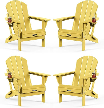 MUCHENGHY Folding Adirondack Chairs Set of 4, Patio Chairs, Lawn Chairs, Outdoor Chair, Adirondack Chair Plastic, Fire Pit, Weather Resistant with Cup Holder for Deck, Backyard, Garden(Olive Yellow)