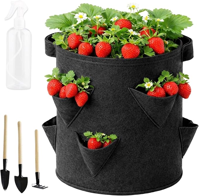 5PCS 10 gallon Strawberry Growing Grow Bags, Strawberry Planter, Complete Gardening Set for Strawberries, Portable Strawberry Planters with Tools, Durable Felt Fabric Design for Home Gardening