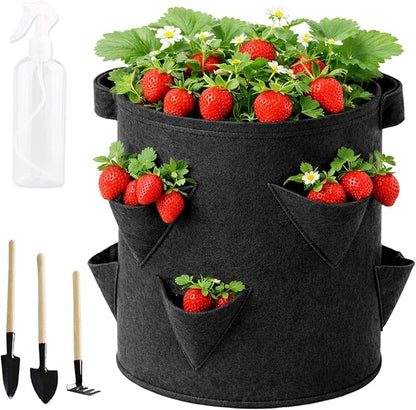 5PCS 10 gallon Strawberry Growing Grow Bags, Strawberry Planter, Complete Gardening Set for Strawberries, Portable Strawberry Planters with Tools, Durable Felt Fabric Design for Home Gardening