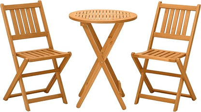 Outsunny 3-Piece Acacia Wood Bistro Set, Folding Patio Furniture with 2 Folding Chairs and Round Coffee Table, Teak, Slatted Finish, for Backyard, Balcony, Deck, Natural