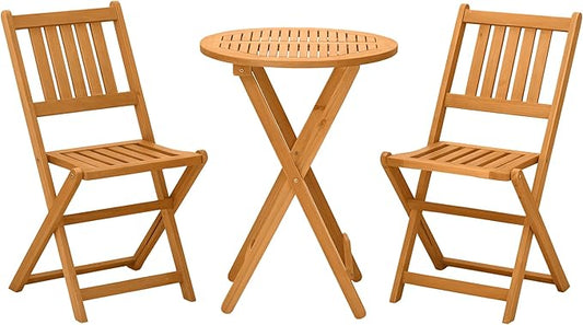 Outsunny 3-Piece Acacia Wood Bistro Set, Folding Patio Furniture with 2 Folding Chairs and Round Coffee Table, Teak, Slatted Finish, for Backyard, Balcony, Deck, Natural