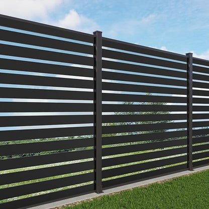 Mondaria Aluminum Privacy Fence Panels for Outside, 6ft(W) x 6ft(H) Horizontal Lattice Fence with 2 No-dig Posts, Wind Resistant Decorative Fencing Panels for Yard, Patio & Pool (Black)