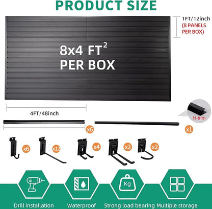 Slatwall Panel Garage Slat Wall Storage Systems with 26 Slatwall Accessories, 4'x8' PVC Black Slat Wall Paneling for Retail Display, Garage Storage, Guitar Shop, Home Storage