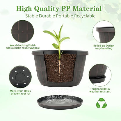 Quarut 10 inch Plastic Flower Pots for Outdoor Plants，4 Pack Large Outdoor Planter Pot with Drainage Holes & Saucers，Imitation Wine Barrel Design，for Indoor Outdoor Garden Plants（Brown）