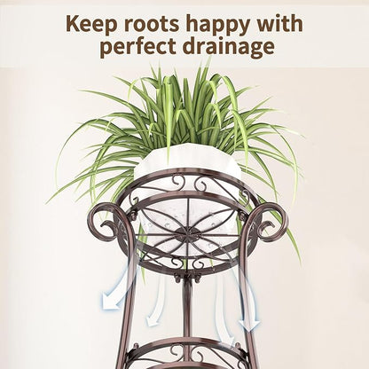 LASZOLA 3 Tier Bronze Metal Plant Stand for Multiple Large Planters Indoor Outdoor Organizer, Heavy Duty Tall Flower Stand for Corner Patio Bathroom Office, Modern Sturdy Vertical Iron Rack, Cat Proof