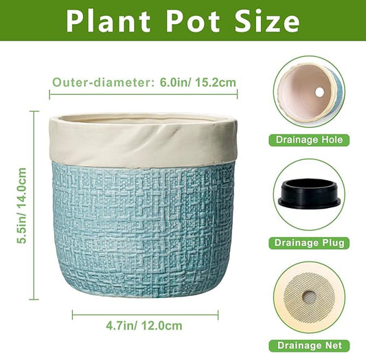 Ceramic Pots for Plants - 6 Inch Plant Pot for Indoor Succulent Plants, Round Planters with Drainage Hole, Decorative Flower Pots, Garden House Room Decor, Gardening Gifts for Women, Blue