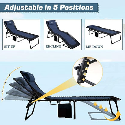 Oversized Padded Outdoor Folding Lounge Chair for Adults 330Ibs Patio Chaise Lounge Chair for Outside Adjustable 5-Position Reclining Beach Chair with Pillow Pocket