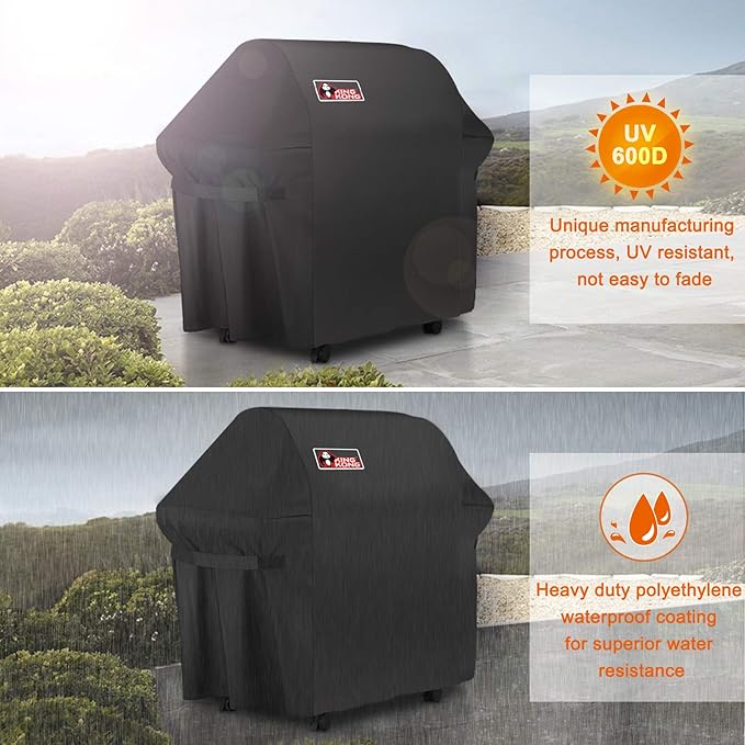 Kingkong Gas Grill Cover | Fits Weber Genesis E & S Series, Char-Broil 4 Burner | Includes Grill Brush, Tongs & Thermometer