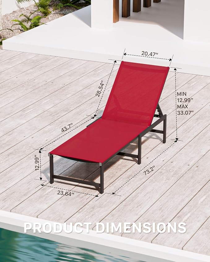 Patio Lounge Chair, Aluminum, 5 Adjustable Backrest, 1 Piece,red | Lightweight rustproof aluminum.5 adjustable backrest positions.Breathable quick-dry fabric.For poolside,beach,lawn,backyard.