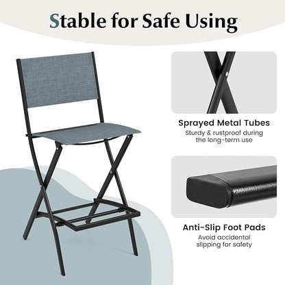 COSTWAY Outdoor Patio Bar Chair Set of 6, Folding Bar Height Stool with Metal Frame & Footrest, Patio Bar Stool for Balcony, Garden & Poolside (6, Blue)