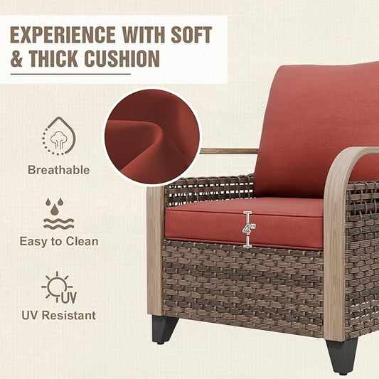 Modern Wicker Patio Furniture Set, Rattan Outdoor Conversation Set with Comfortable Cushions, 2 Patio Chairs, 3 Seat Couch and Coffee Table, 4 Pieces, Brown/Red
