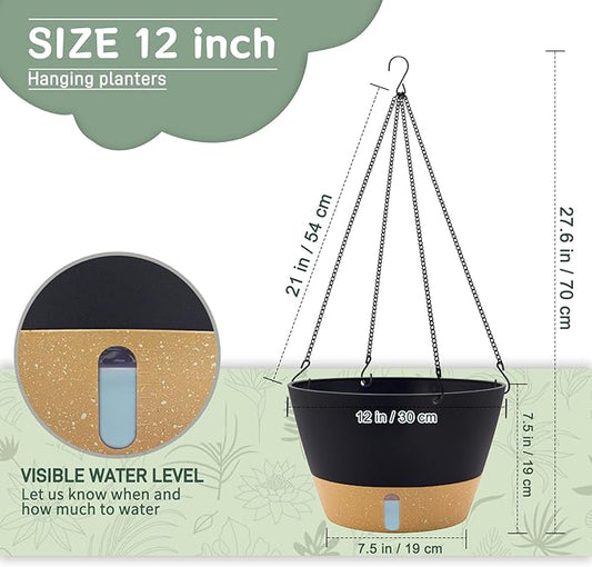 ZMTECH 2 Pack 12 Inch Hanging Planters for Indoor Plants, Large Gray Self Watering Hanging Planter with Water Level Window, Drainage & Adjustable Chain, Outdoor Flower Pots for Patio