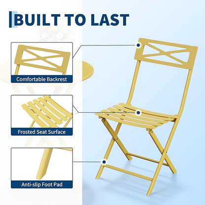 GarveeTech 3-Piece Folding Bistro Set, Heavy Duty Outdoor Patio Furniture with 2 Chairs & 1 Table, Weather-Resistant Steel Frame, No Assembly Required for Garden, Yard, Balcony,Yellow