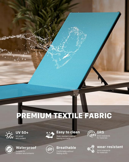 Aluminum Chaise Foldable Patio Lounge Chair Outdoor, Metal Deck Lounger Adjustable 5-Position Recliner Pool Chase Breathable Full Flat Outside Sun Tanning Chairs for Beach/Poolside/Lawn(Blue, 2 Pack)
