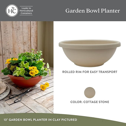 The HC Companies 15.5 Inch Shallow Garden Bowl Plant Pot with Drainage, Lightweight UV-Resistant Plastic Planters for Succulents & More, 2-Pack Planters for Indoor Outdoor Home Decor, Cottage Stone
