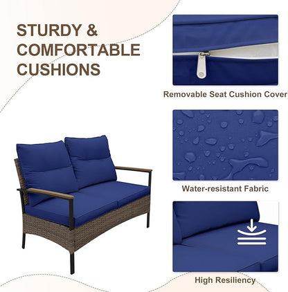 Sunset Escape Wicker Outdoor Furniture, Modern Sofa and Chair Set of 4, Rattan Patio Conversation Set, 2 Patio Chairs, Loveseat and Coffee Table, Brown/Blue