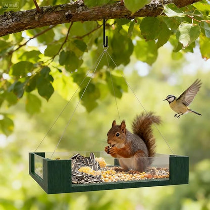 FlowaFoli Platform Bird Feeders for Outdoors - Clear View Hanging Bird Feeder with Acrylic Side Panels, Easy to Observe Birds & Seed Level, Garden Decoration Attracts Cardinal, Blue Jay, Green