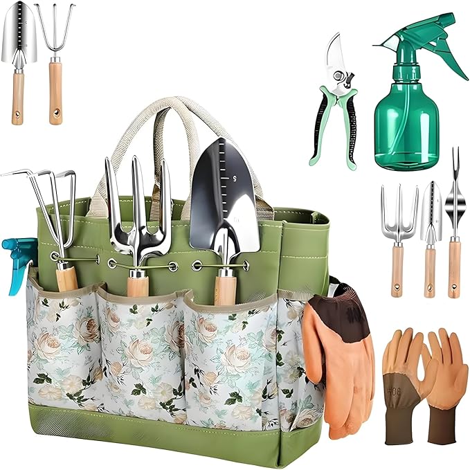 Gardening Tools 9 Piece Heavy Duty Rust Resistant Set, Premium Stainless Steel Yard Work Kit with Ergonomic Wooden Handles, Vintage Floral Tote Bag Storage, Planting Gifts for Women (B)
