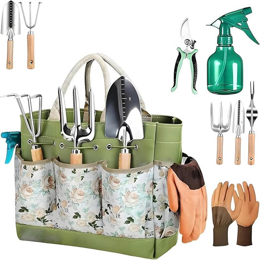 Gardening Tools 9 Piece Heavy Duty Rust Resistant Set, Premium Stainless Steel Yard Work Kit with Ergonomic Wooden Handles, Vintage Floral Tote Bag Storage, Planting Gifts for Women (B)