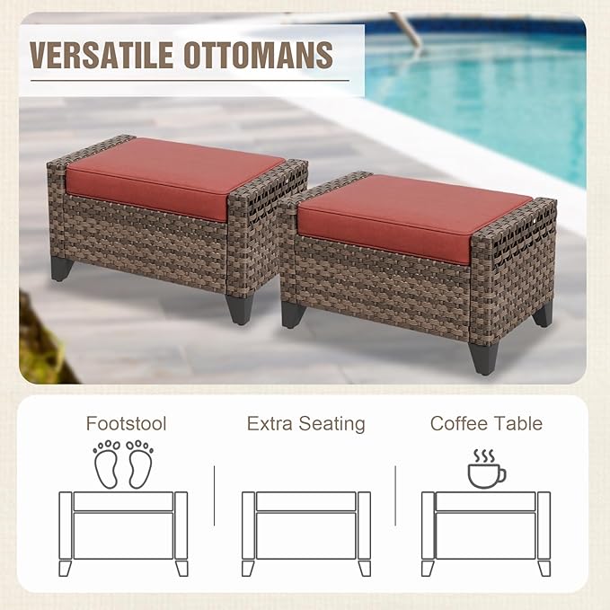 Modern Wicker Patio Furniture Set, Rattan Outdoor Conversation Set with Comfortable Cushions, 2 Swivel Rocking Chairs, 2 Seat Loveseat and 2 Ottomans, 5 Pieces, Brown/Red
